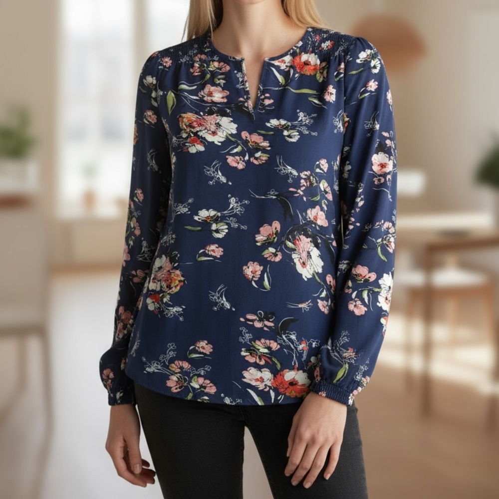 Fun 2 Fun Navy Floral Blouse with Pink and White Accents